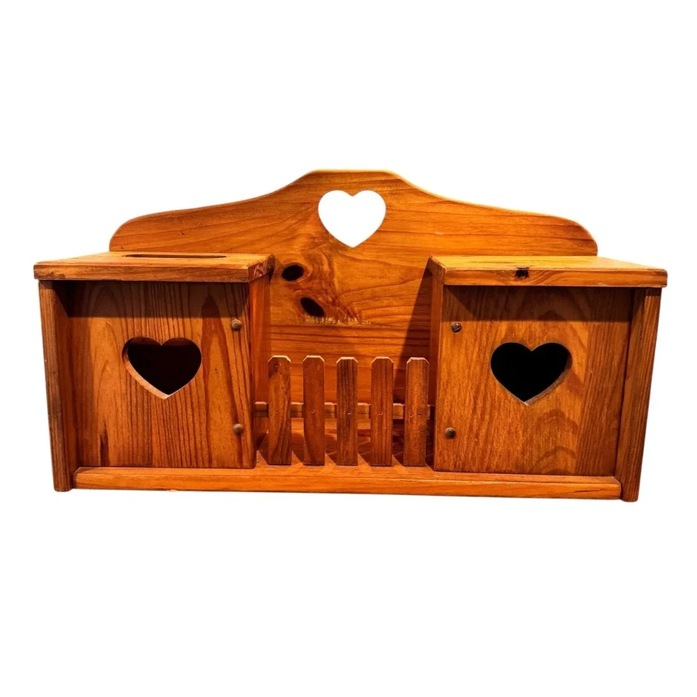 Wooden Bath Tissue Box Toilet Paper Holder Wall Mount Rack 1998 Heart Vintage
